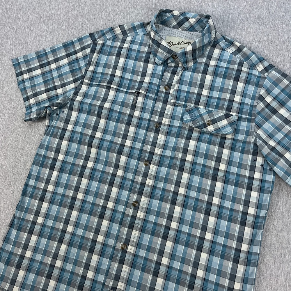 Duck Camp Lightweight Short Sleeve Fishing Shirt Mens M Blue Plaid Vented Caped